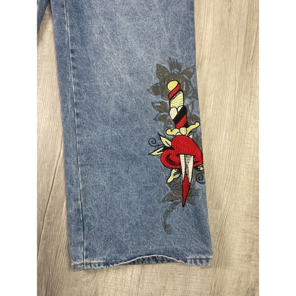 Ed Hardy Heart Dagger Love Wide Leg Loose Fit Retro Light Jeans Size 32 Y2K R - Picture 7 of 11